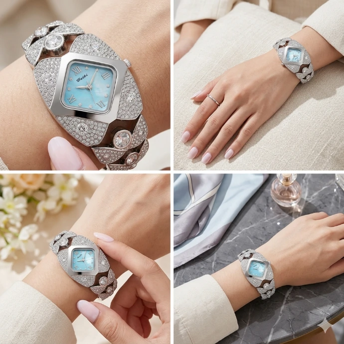 Close-up of unique Fasshonista ladies' watches with intricate dial designs and elegant straps.