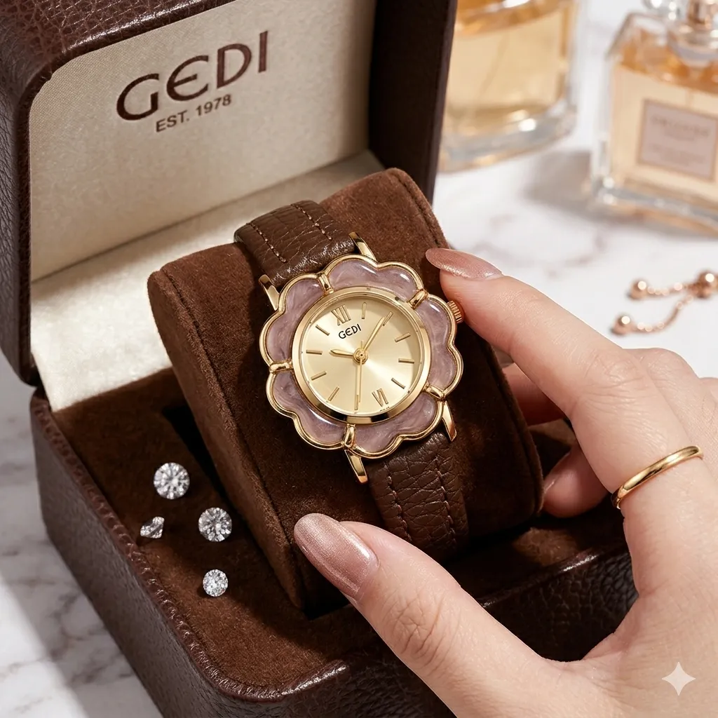 Goldie Aura Petal Quartz (Gold shell, white surface and brown belt)